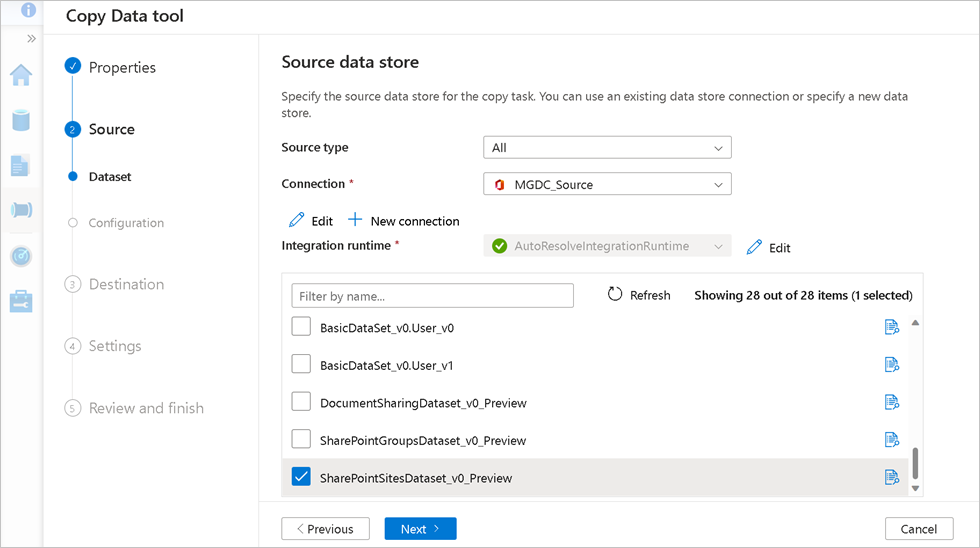 Select the SharePoint data set you want to query.